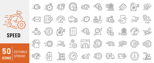 Speed line editable icon set. Containing fast, slow, movement, indicator, turbo, speeding, productivity, speedometer and more. Vector illustration