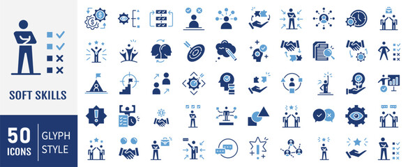 Soft Skills solid icon set. Containing icon:  leadership, attitude, work ethics, critical thinking, problem solving, teamwork and public speaking and more.  Vector illustration.
