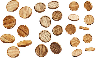 A collection of wooden circles with various textures and shades arranged attractively on a white background, showcasing natural wood grains and colors. transparent background