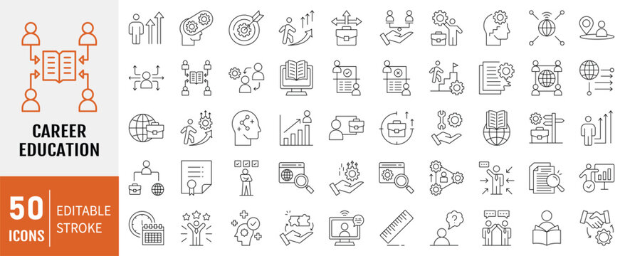 Career Education icon set. Containing skill development, vocational training, educational pathways, professional growth and guidance icon. Simple line vector.