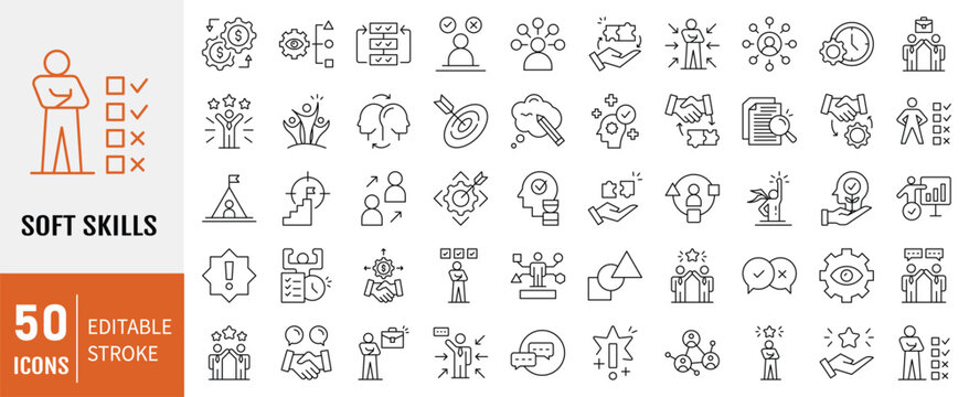 Soft Skills line editable icon set. Containing icons: Leadership, attitude, work ethics, critical thinking, problem solving, teamwork, public speaking and more. Vector illustration.