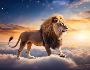 Obraz premium Majestic lion walking on clouds at sunset with stars