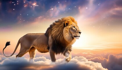 Naklejka premium Majestic lion walking on clouds in dreamlike sunset sky