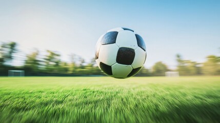 A soccer ball mid-flight after a powerful kick, outdoor setting on grass field, Action style