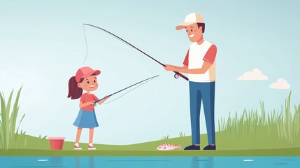 Happy Father and Daughter Fishing by the Lake