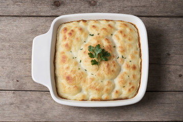 Pie with cabbage and minced beef on the wooden table background. Dinner food. Rustic style. Top view
