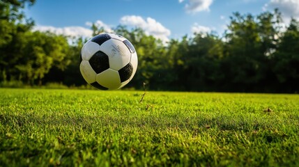 Fototapeta premium A soccer ball mid-flight after a powerful kick, outdoor setting on grass field, Action style