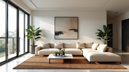Stylish and modern living room featuring a spacious beige sectional sofa, minimalist decor, elegant coffee table, lush indoor plants, and expansive windows that flood the space with natural light