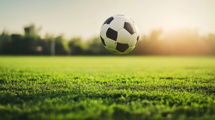 Fototapeta premium A soccer ball mid-flight during a powerful kick, outdoor setting on a green field, Dynamic style