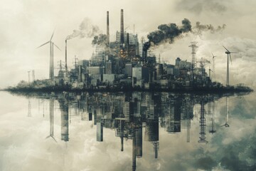 Obraz premium Pollution from industrial factories with wind turbines