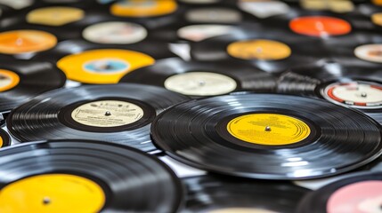 Vintage Vinyl Records Close Up  Retro Music Collection  Old Music  Analog Audio