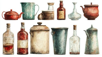 Vintage Kitchenware and Bottles Watercolor Illustration