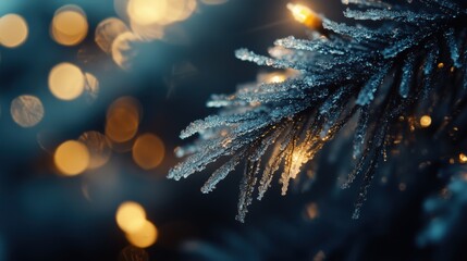Fototapeta premium Gefrorener Zweig mit Eiskristallen und Lichtern