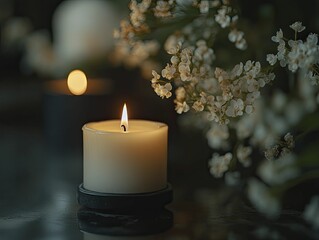 Candles flicker during a solemn remembrance ceremony, casting a soft glow against the dark backdrop, evoking deep reflection.