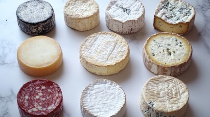 Variety of Cheeses and Salami on White Marble Surface