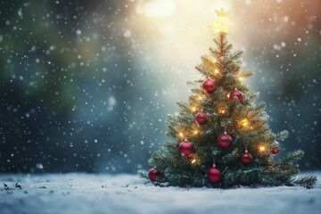 A beautifully adorned Christmas tree shines with lights and ornaments amidst a snowy landscape, creating a joyful atmosphere, space for a message above.
