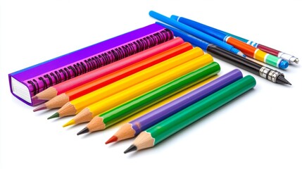 Fototapeta premium Colorful Pencils Notebook and Pens on White Background Back to School Supplies