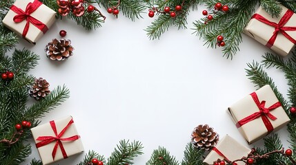 Christmas Presents with Pine Branches and Red Berries