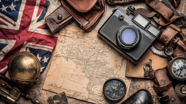 Vintage Travel Essentials   Old Camera  Compass  Map   Leather Accessories