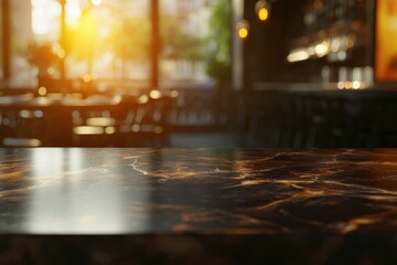 A close-up view of a polished countertop in a cozy restaurant setting, illuminated by warm sunlight.