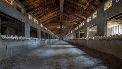 Fototapeta premium A large room filled with white chickens in the background. A vast chicken farm with hundreds or thousands of hens eating and drinking on the ground. 