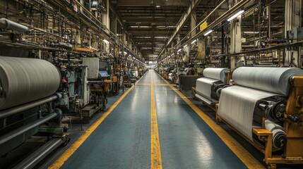 Machinery running within a textile factory, efficient arrangement, gentle fabric patterns, and ample illumination create a vibrant environment.
