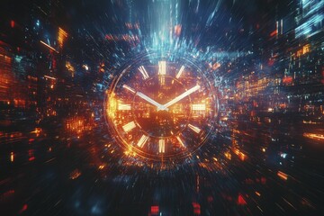 Obraz premium New Year's countdown clock with fireworks in the background, dynamic scene, vibrant colors, space at the bottom for text