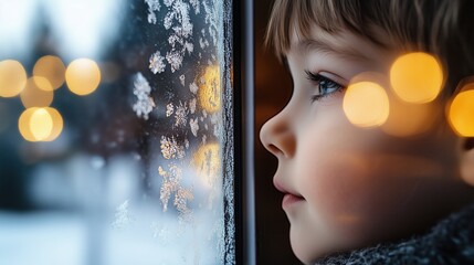 Kind blickt durch ein vereistes Fenster mit Bokeh-Lichtern
