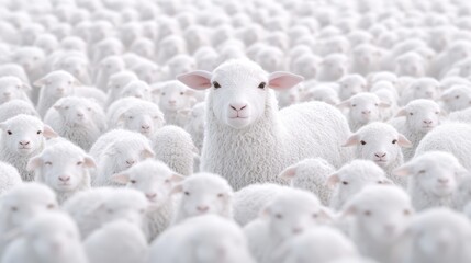 Obraz premium A flock of white sheep with one distinct sheep in focus, white isolated background.
