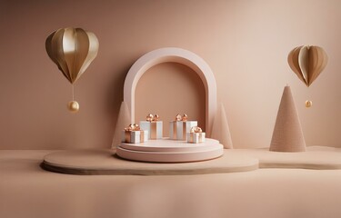 Two gold hot air balloons float above a circular podium surrounded by trees.