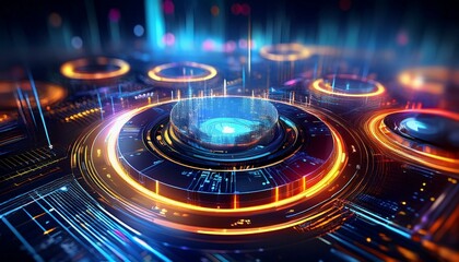 Futuristic digital interface with glowing circles and lines, vibrant colors on a dark background.