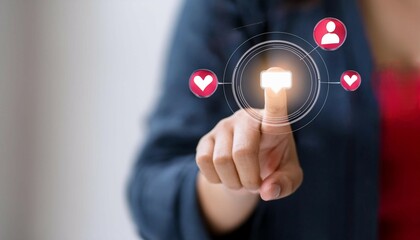 Finger touching interactive digital interface with social icons.