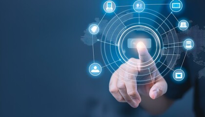 Finger pressing digital interface, blue background, abstract technology concept.