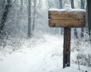 Naklejka premium Snow-covered woods feature a wooden sign for festive greetings, tranquil winter scene, gentle blur, ample area for writing on the sign.