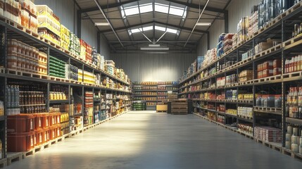 Stock shelves brimming with a variety of products inside a sleek, contemporary warehouse, towering shelves, intricate textures, and vibrant overhead lighting.