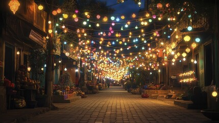 Street filled with Diwali lanterns and lights at night, festive mood, vibrant atmosphere, bright lighting