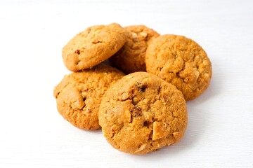 Cookies oatmeal raisin on white background	