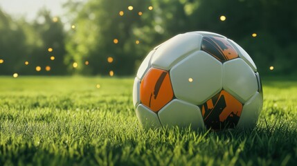 Fototapeta premium A soccer ball with hexagonal panels, outdoor setting on grass field, Energetic style