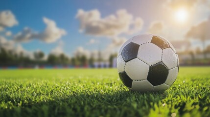 Fototapeta premium A soccer ball with hexagonal panels, outdoor setting on grass field, Energetic style