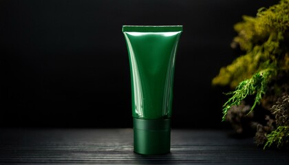 Fototapeta premium Green cosmetic tube with a dark background and natural elements, isolated for display.