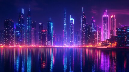 Futuristic city illuminated with neon reflections across water