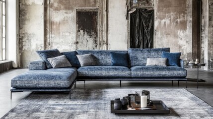 Modern living room interior with a textured, one-color wall and cozy furnishings, perfect for a warm, stylish space.