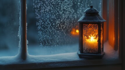 Winterliche Laterne am Fenster mit Kerzenschein