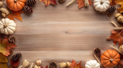 Fototapeta premium Thanksgiving Frame of Pumpkins, Autumn Fruits, Leaves, and Seasonal Food with Center Copy Space