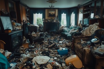 A living room in complete disarray, covered in debris and remnants of a disaster.