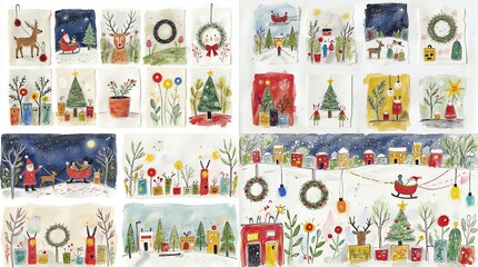 Christmas decorative banner with Santa Claus, Christmas trees, snowman, reindeers, bells, stockings, ornaments, snowflakes, snowy village, gifts,