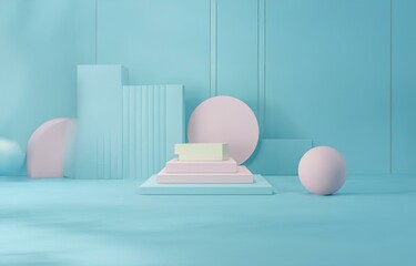 A simple scene with light blue background, geometric shapes in various sizes and pastel colors, stacked on top of one another in front of a wall.
