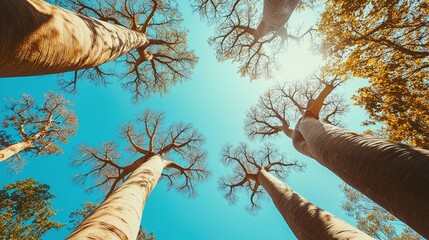 Beautiful aerial view of the famous Avenue of the Baobabs in on blue sky