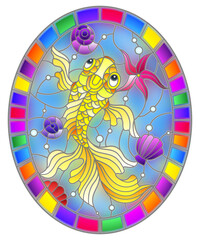 Illustration in stained glass style with a goldfish on a background of shells and water, oval image in bright frame