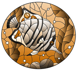 Illustration in stained glass style with an butterfly fish on a background of algae, air bubbles and water, oval image, tone brown